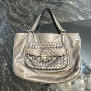 Cole Haan Large Shoulder Bag Metallic Pewter Hobo Weave Pattern Soft Leather